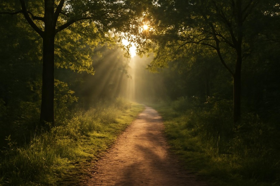 Morning light slanting through trees on a narrow footpath