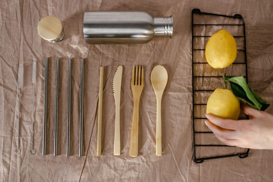 Reusable kitchen utensils arranged neatly on a work surface.