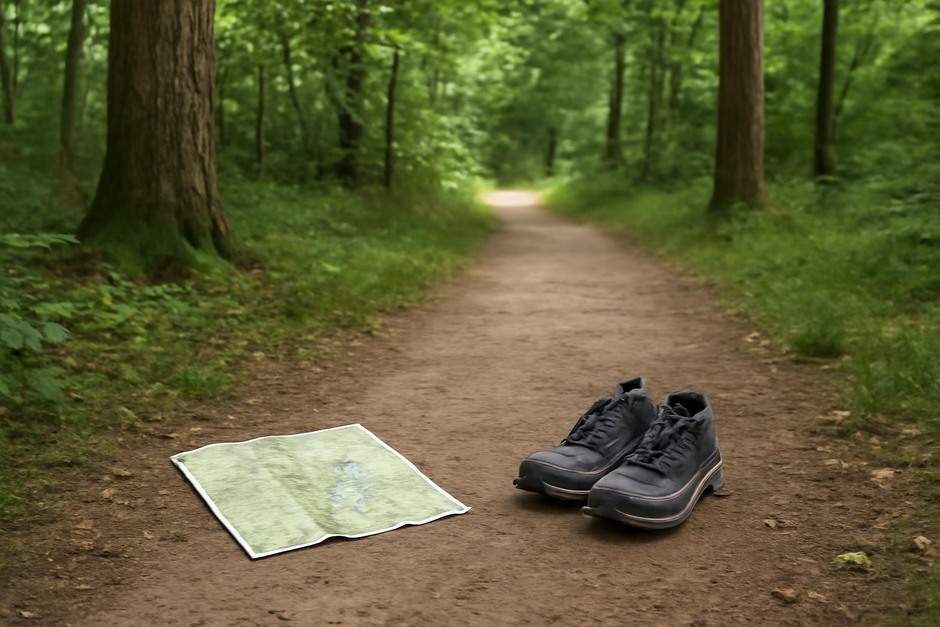 A simple path through trees with a small map and a pair of shoes beside it