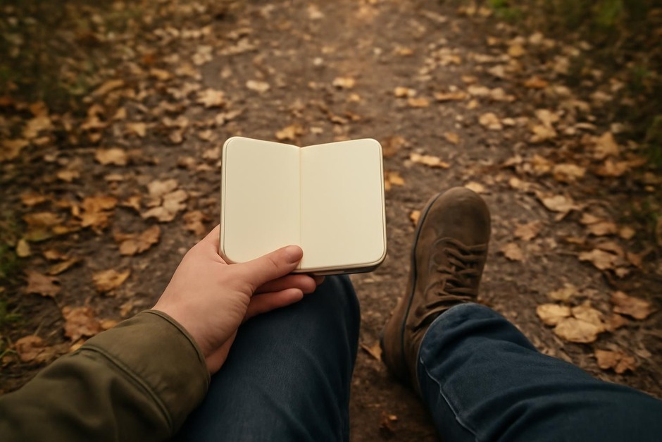 Booted feet on a leaf-strewn path with a small notebook on a knee